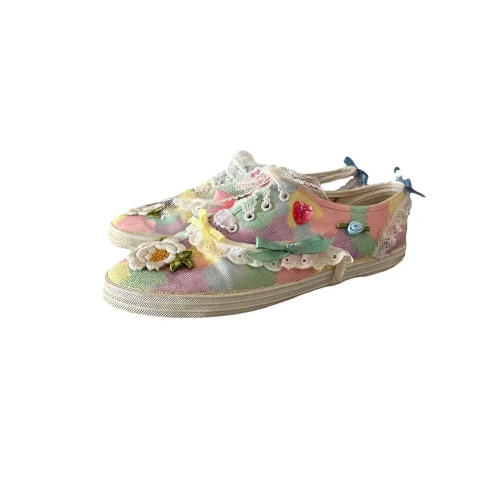 Vintage Cottagecore Embellished Canvas Sneakers Women’s Size 7 Handmade 90s